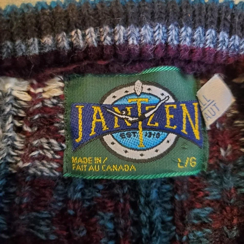 VINTAGE | Jantzen Crewneck Multicolour Cable Knit Pullover Sweater (Size L) - Picture 12 of 13